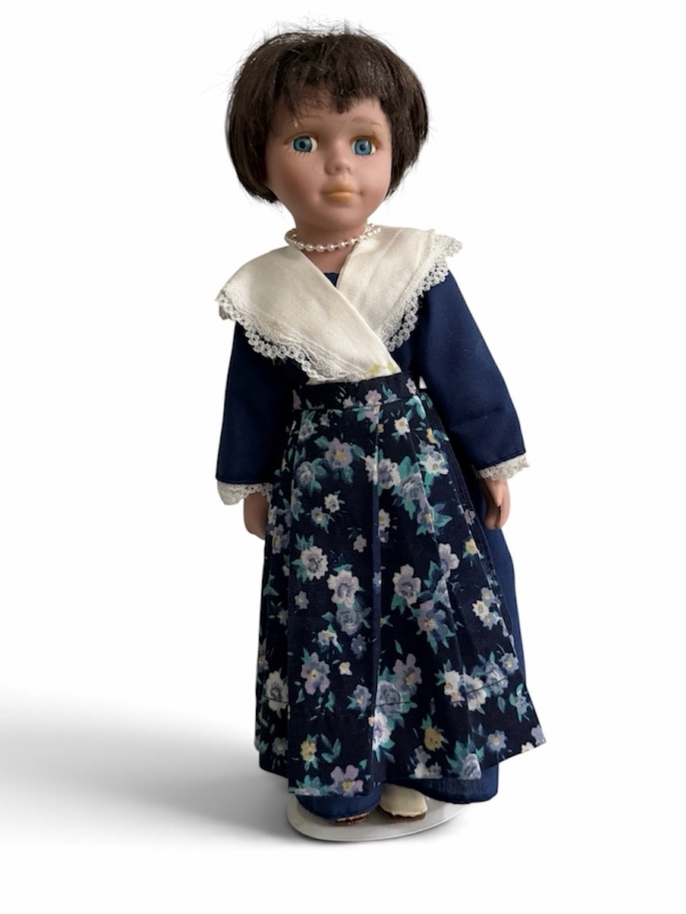 Vintage Porcelain Doll Prairie Floral Dress Brown Hair 12" on stand 1980s